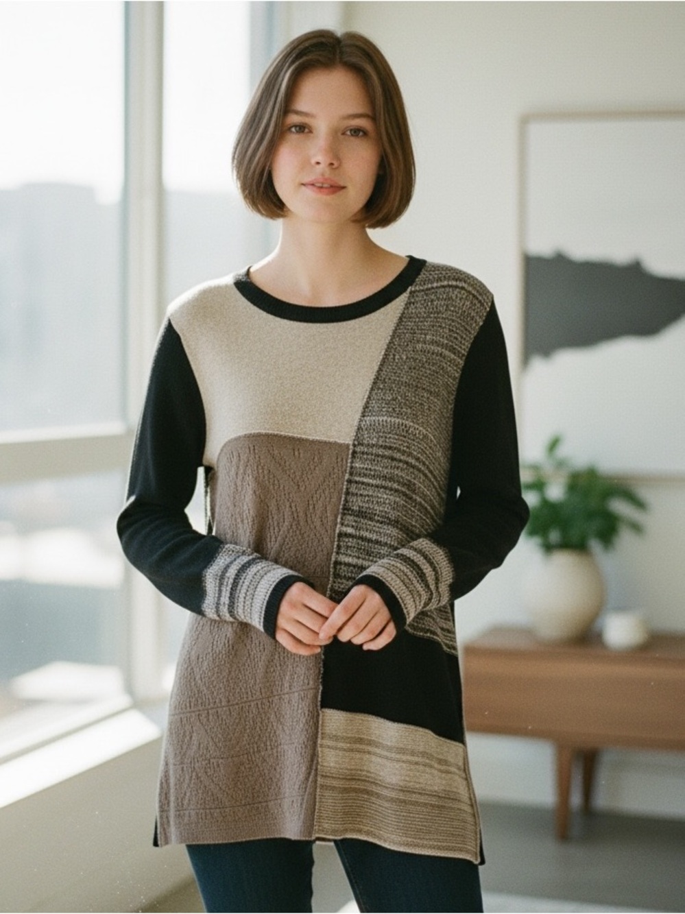 Style & Co. Colorblock Knit Sweater Dress in Black, Brown, Tan, Cream
